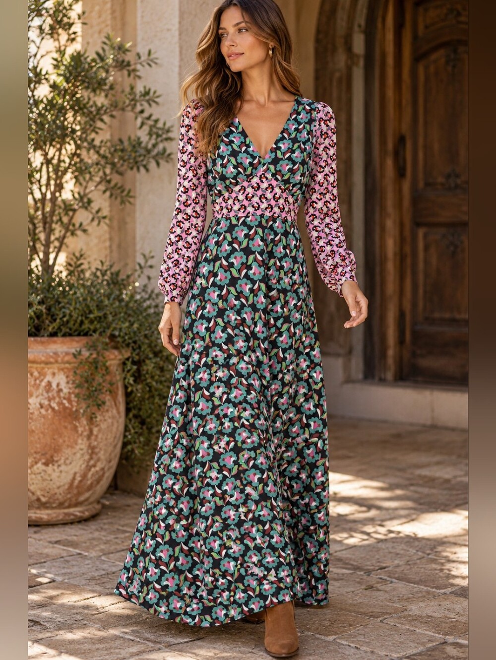 Donna Morgan Maxi Dress US 8 Floral Boho Retro 70s Maximalist Romantic